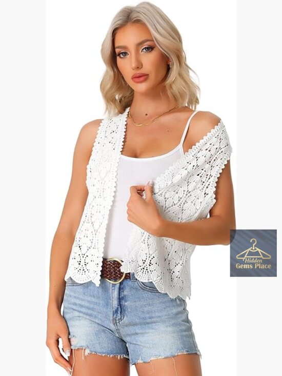 Sweaters - Floral Crochet Hollow Out Sleeveless Open Front Boho Vest Cardigan